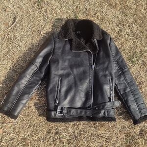 Forever 21 Black Leather Jacket with Shearling Trim